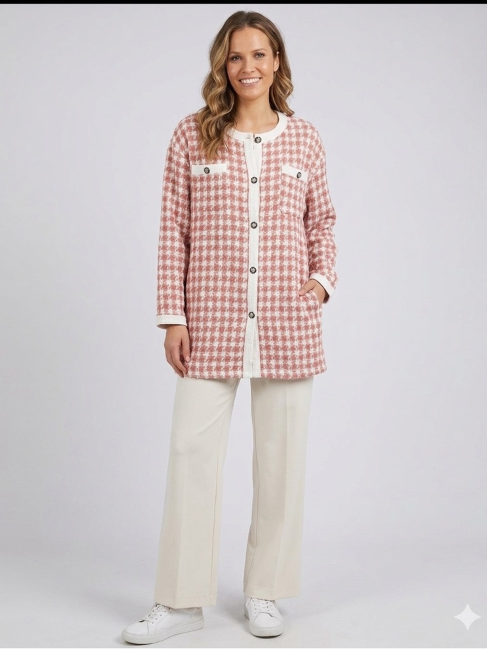 white birch Rust & Cream Houndstooth Button-Front Cardigan Jacket